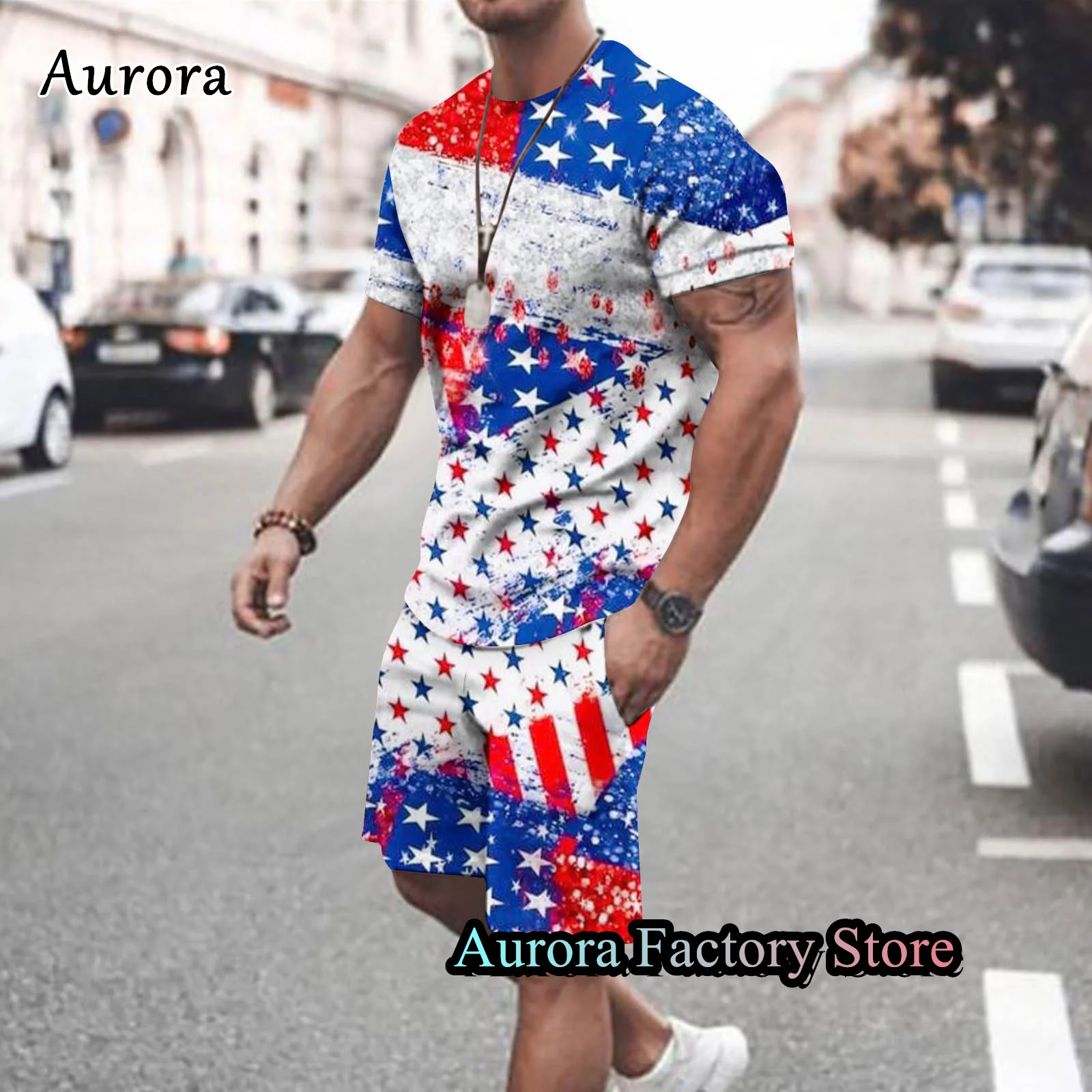 Men Summer Tracksuit American Flag Printed T-Shirt Shorts Set 2 Pieces Suit Fashion Outfit Male Casual Clothing Streetwear