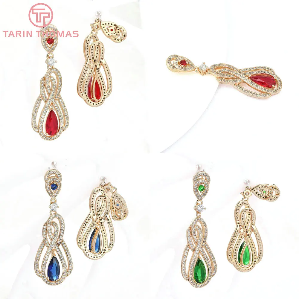 Латунные подвески в форме капли с цирконием 2 шт. 15 х46 мм 24 К золотистого цвета