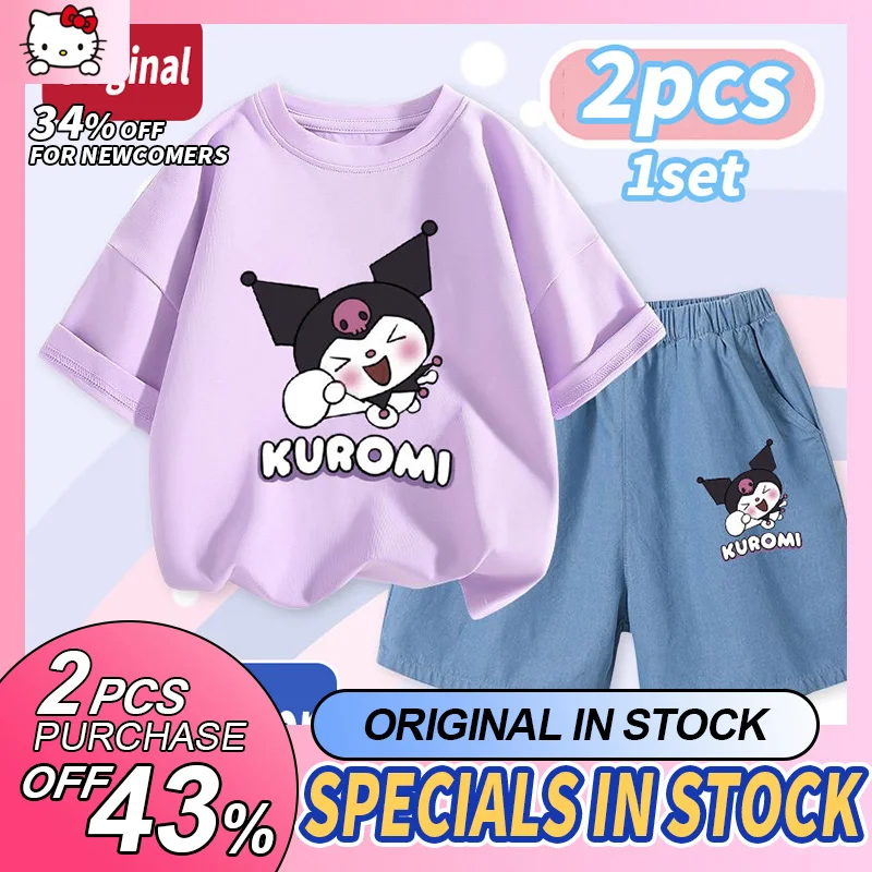 

Original Kuromi Sport Set Summer New Girls Kids Cotton Short Sleeves Baby Girls Summer Casual Cotton 2pcs/1set Hello Kitty Trend