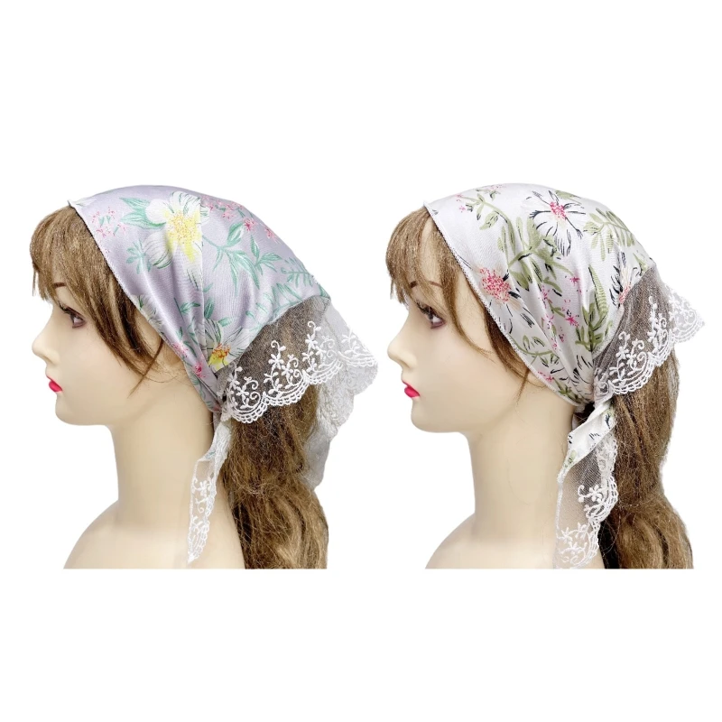 

573B Lace Brim Colorful Bandana Hair Kerchief Tie Back Head Wrap Floral Printing Triangle Turban for Girls Photoshoot Prop