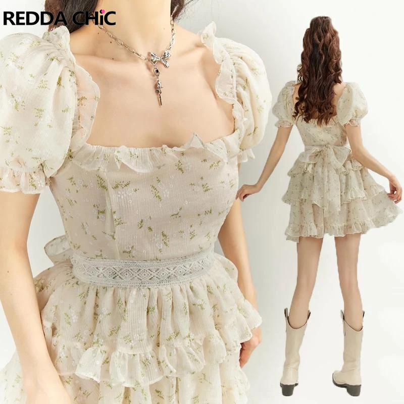 

Женское слитное мини-платье REDDACHiC в стиле "Лолита" с пышными рукавами, Бандажное платье с бантом, оборками в несколько рядов и кружевной отделкой, платье принцессы