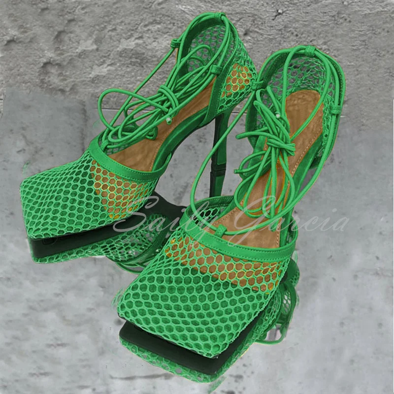 Hollow Breathable Mesh Women Sandals Square Toe Stiletto High Heels Women Pumps Ankle Strap Lace-Up Elegant Dress Shoes