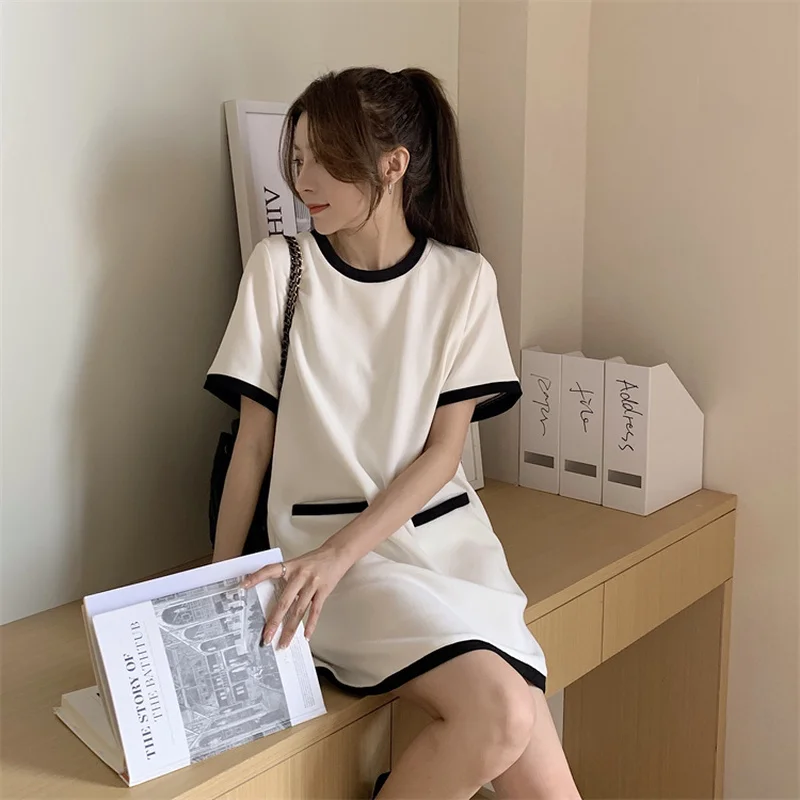 

Women's New Splicing Color Short-sleeved A-line Skirt Women's Summer Korean Style High Waist Loose Short Skirt Dress