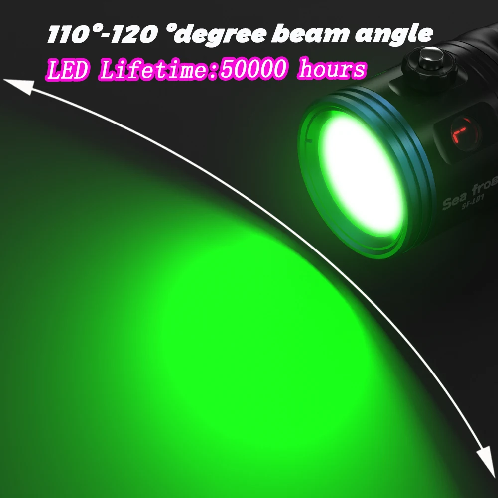 Фото Мощный светодиодный фонарь Seafrogs 5000LM, 5000K, стробоскоп для дайвинга, IPX8, 100 м/330 футов, профессиональный водонепроницаемый фонарь для подводного плавания №2