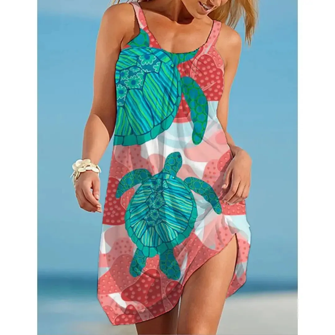 

Sea Turtle 3D Print Sexy Women Beach Dresses Hawaii Boho O-Neck Sleeveless Dress Summer Holiday Brand Beachwear Female Dresses