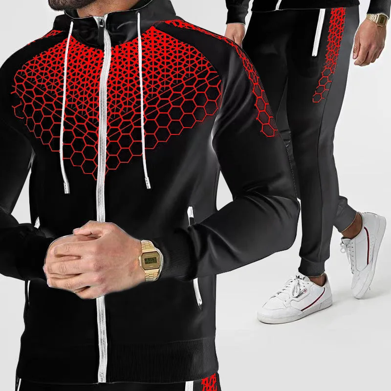 2023 Spring and Autumn New Men's Zipper Jacket+Jogging Pants 2PCS Sportsuits Male Honeycomb Casual Suit Autumn Gyms Sweat Suits