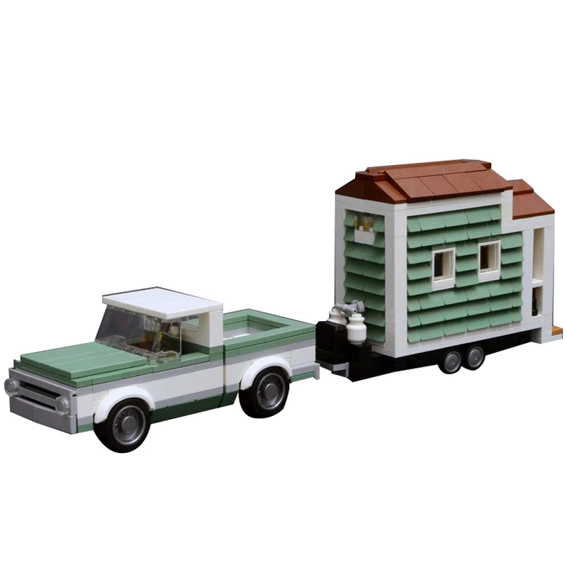 

Bricklink City Truck 1970 C10 Trailer Tiny House MOC-22021 Technical Car Model Building Blocks Toys For Children Gift