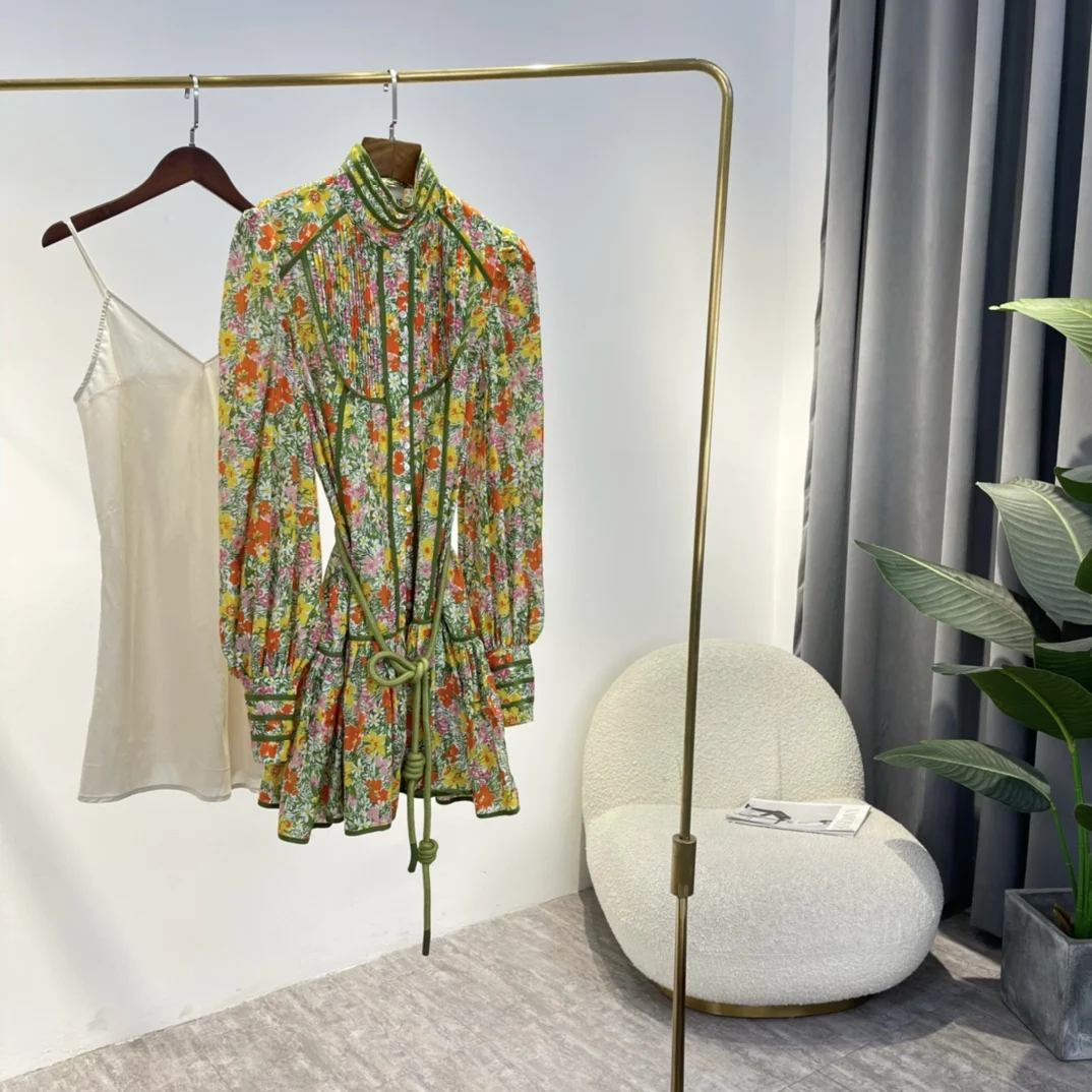 

Big Size Dress Women 2022 Spring Yellow Floral Print High Quality Silk Cotton Long Sleeve Elegant Clothing