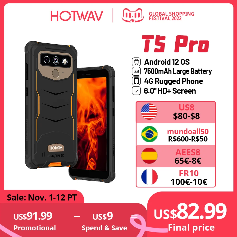 Tanie Hotwav T5 Pro 4G Wytrzymały Telefonu Komórkowego 6.0 Cal Ekran 4GB 32GB 7500mAh Baterii Smartfona Z Systemem Android 12 MTK6761 13mp Główna Kamera 2022