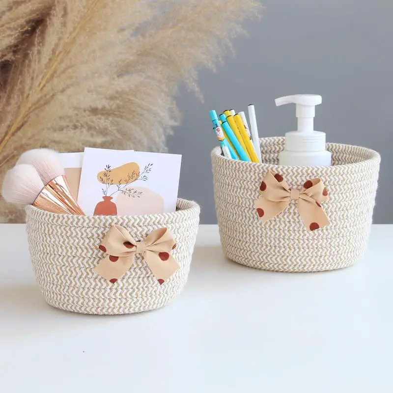 

Nordic Bowknot Cotton Rope Storage Basket Desktop Snacks Weaving Organizer Box Sundries Key Cosmetic Container Finishing Basket