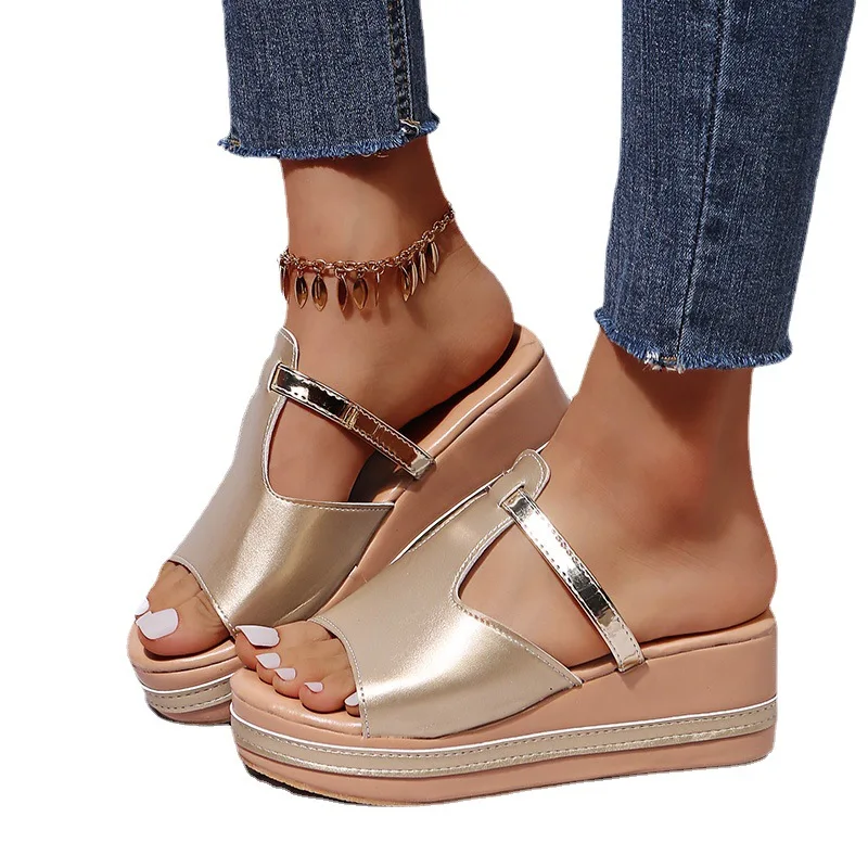 2023 Oversized Women's Shoes, Summer Casual Sandals, Women's Slippers, Sloping Heels, Thick Soles, One Line Slippers