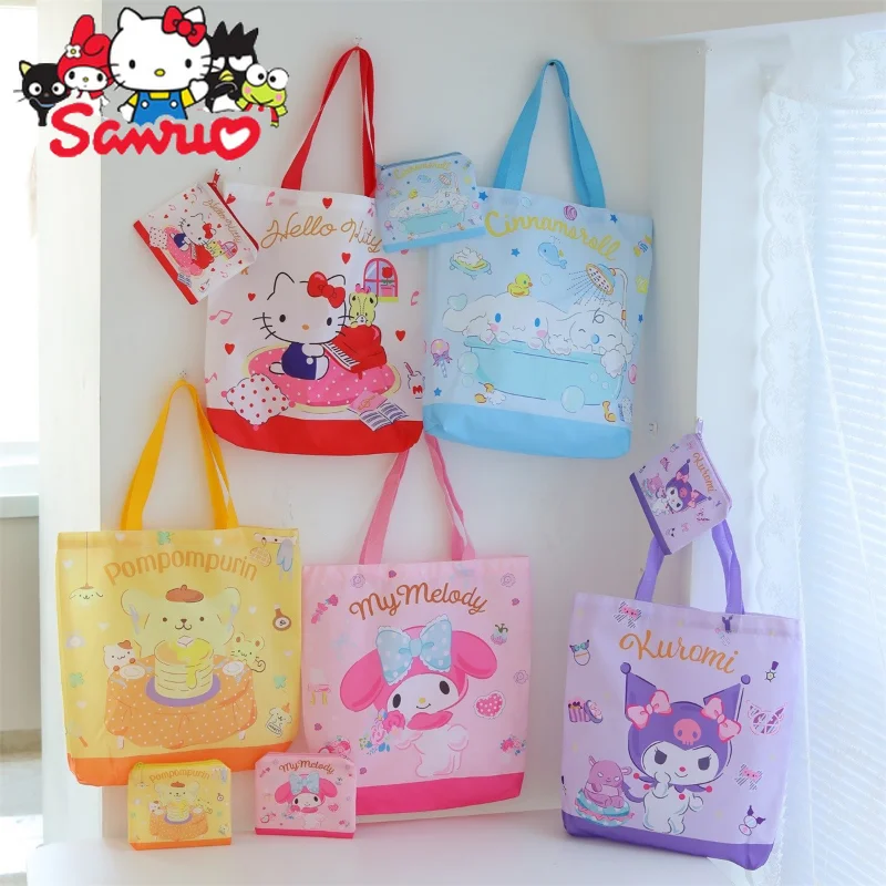 

1Set(2Pcs) Sanrio Melody Kuromi Hello Kitty Cinnamoroll Pochacco Foldable Storage Bag Shoulder Portable Hand-held Grocery Bags