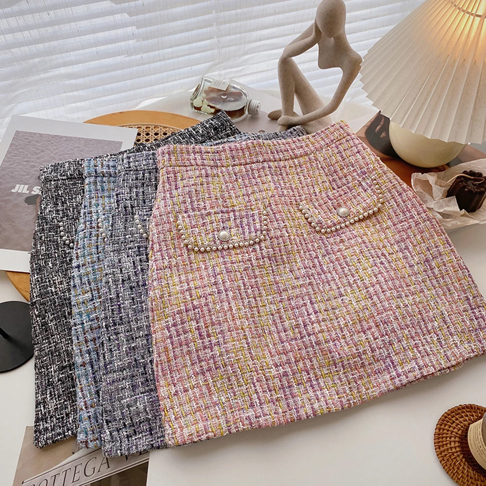 

Ladies Style Beaded High-waist Woman Skirts Fashionable Korean Style Tweed A-line Skirt Women Gothic Plaid Faldas Mujer