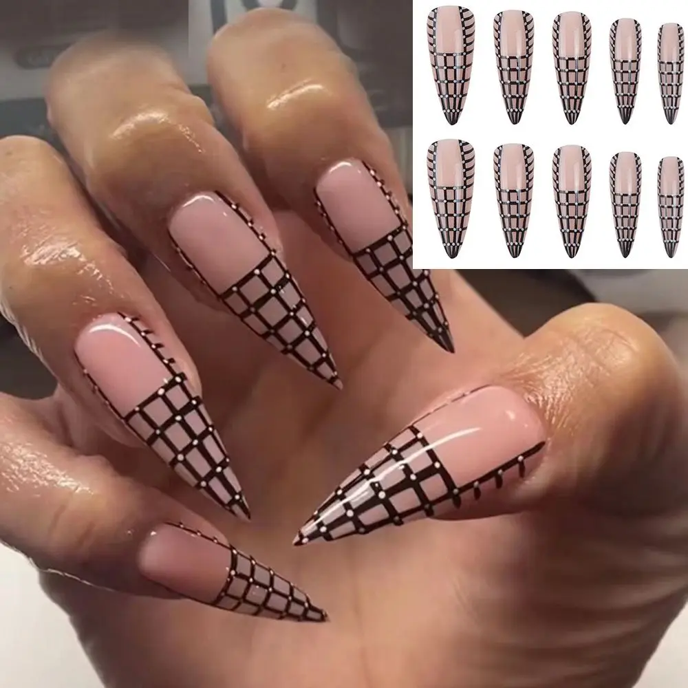 

24pcs/Box Stiletto Manicure Tool Full Cover Artificial Nail Tips Wearable Fake Nails Almond French False Nails