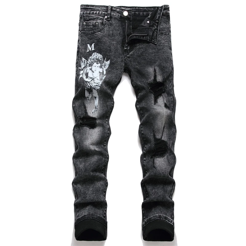 

Men's Black Letter Angel Print Slim Jeans Mens Ripped Stretch Skinny Jeans Streetwear Motorcycle Denim Pants Hip Hop Jeans Men