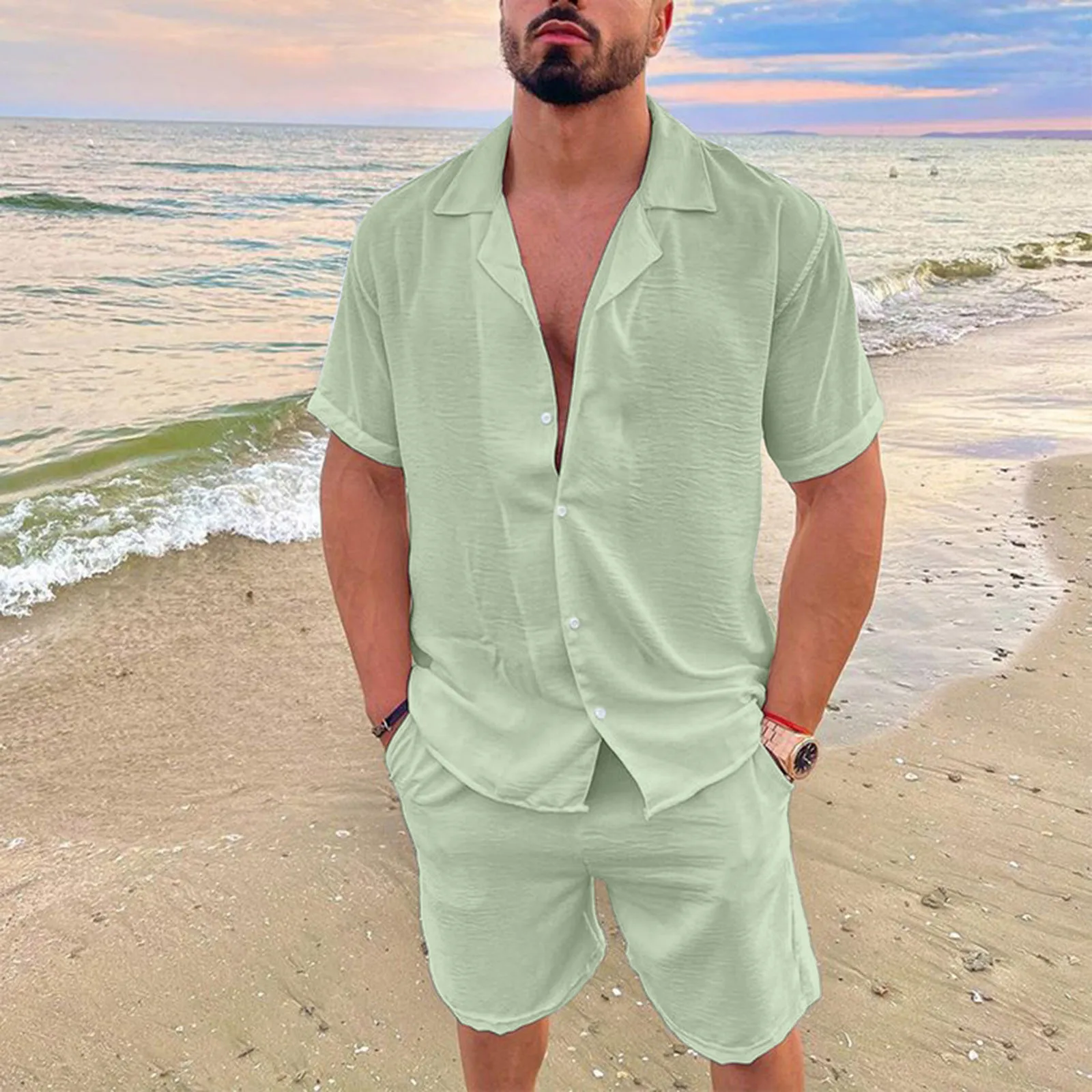 

New Summer Cotton Linen Thin Shirts Sets Men Casual Solid Short Sleeve Shirt And Shorts Daily Home or Beach Mens 2 Piece Suits