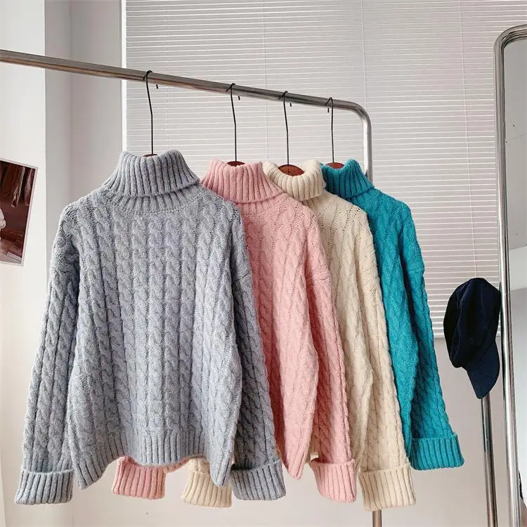 

2022 Autumn And Winter Women's Fried Dough Twist Thickened High Neck Sweater Solid Color Knitwear Top