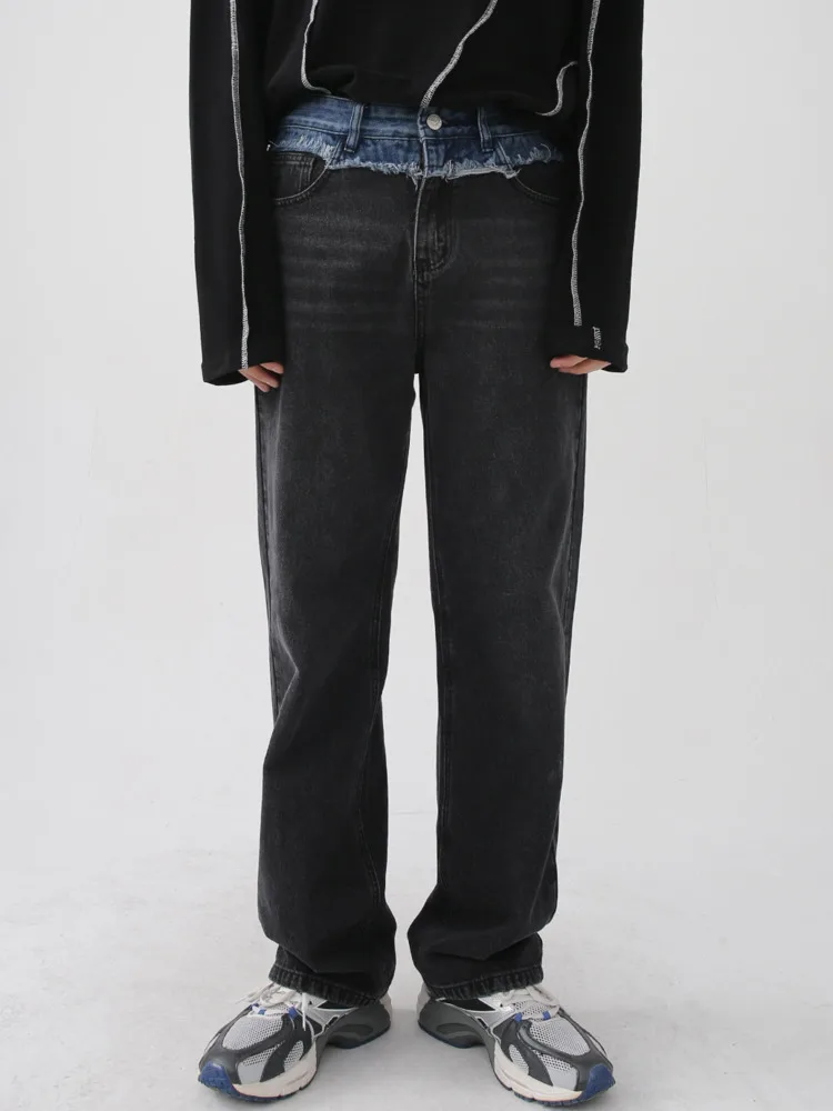 

SYUHGFA Men Clothing 2022 Autumn Patchwork Waist Korean Streetwear Fashion Straight Jeans Casual Loose Denim Trousers For Couple