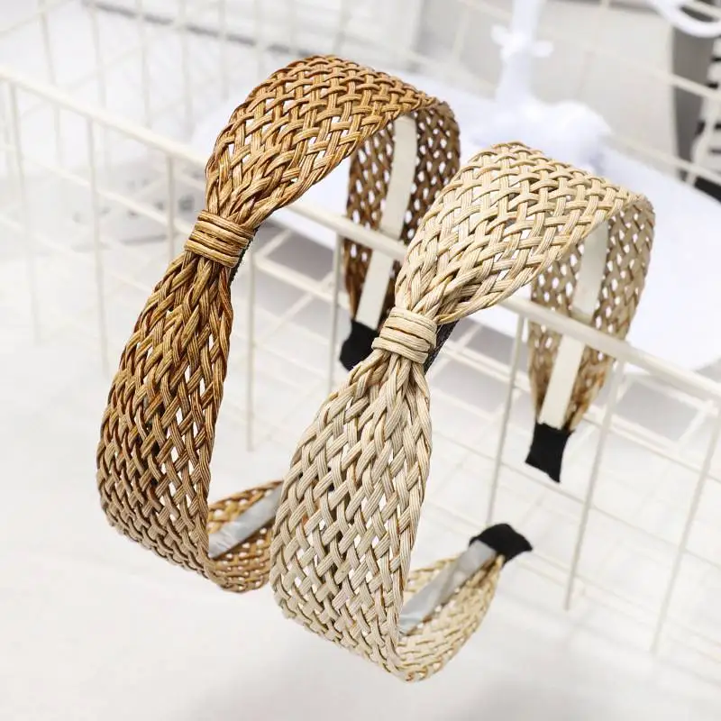 

Natural Raffia Straw Handmade Bow Knot Headband Vacation Style Hair Band Retro Hairbands 2023 New Knotted Wide Headwear