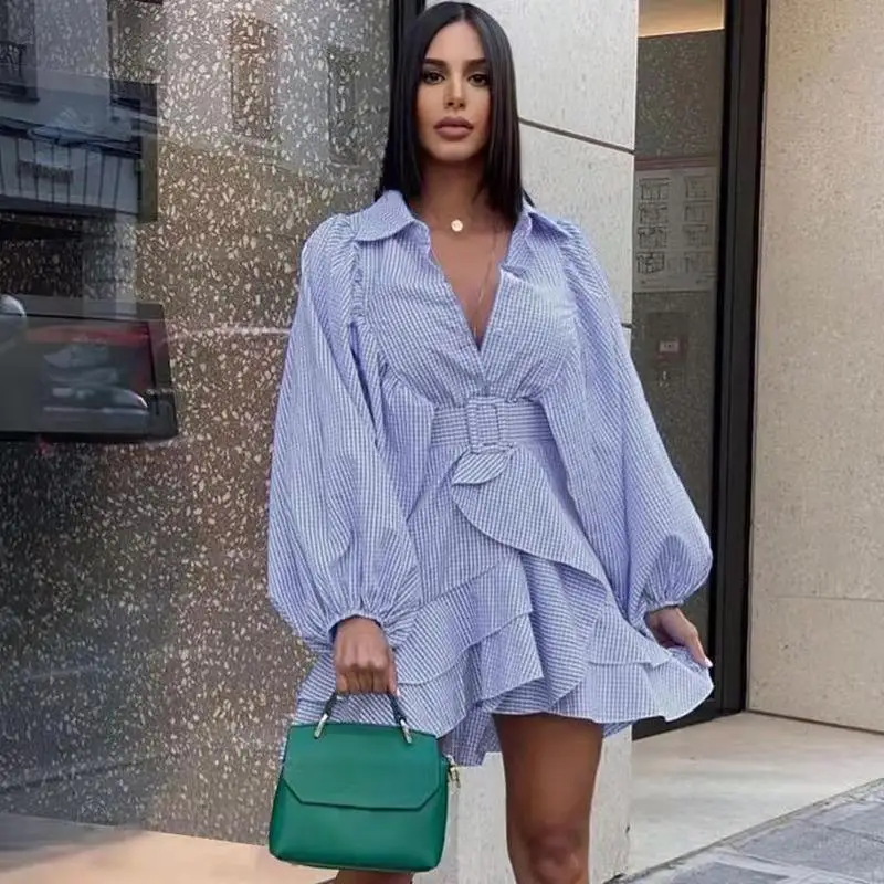 

Women Summer Casual Print Blue Plaid Belt Ruffles Short Mini Dress Office Lady Outfits Traf Femme Vestido Shirt Dresses Y2k
