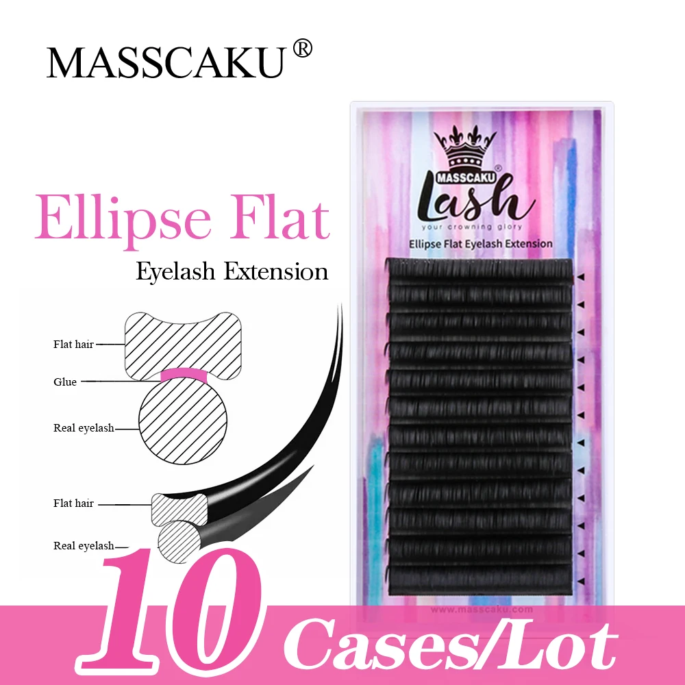 

10case/lot MASSCAKU Comfortable Mink Flat Lashes Double Tips Ellipse Flat C D Curl Individual False Eyelash Extensions Supplies