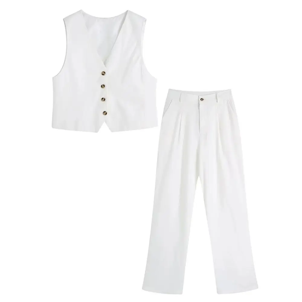 White Cotton Linen Trousers Sleeveless Single Breasted Vest Pants Suit Office Ladies Spring Summer Wide Leg Casual Fashion Set