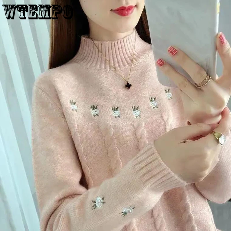 

Новинка 2022, свободная верхняя одежда с воротником средней высоты, Женский вышитый твист свитер с длинным рукавом, вязаная нижняя рубашка