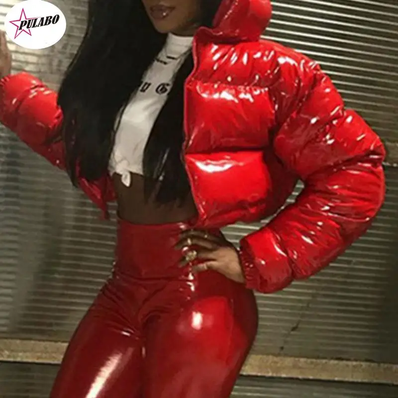 Women Winter Long Sleeve Zipper Puffer Jacket Stand Collar Shiny Metallic Faux Leather Cropped Puffy Bubble Coat Quilted Parkas