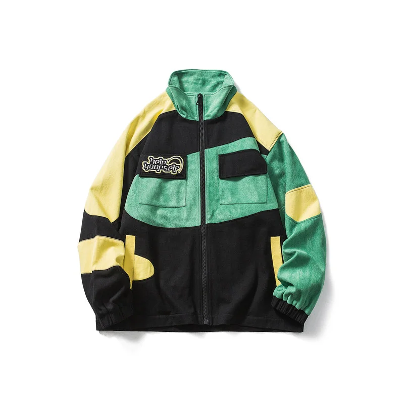 

Men's Patchwork Suede Stand Collar Jacket Spring and Autumn Fashion Casual Loose Jacket Couples Street Colorblock Sports Coat