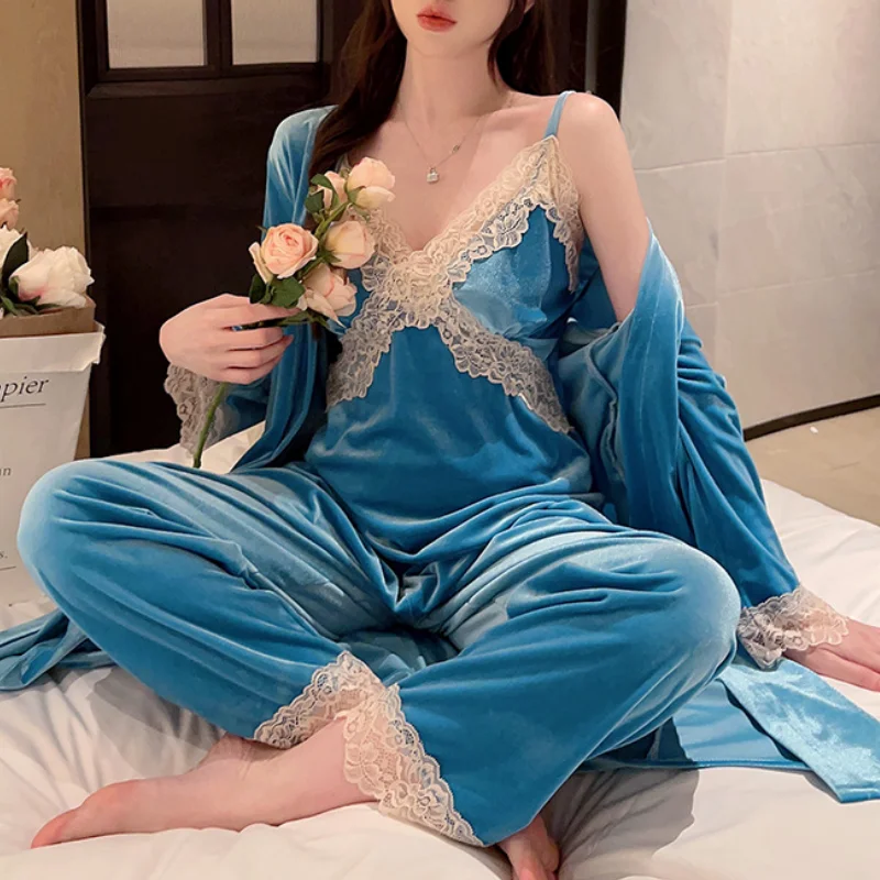 Новый осенне-зимний бархатный пижамный комплект из 3 предметов одежда для сна с