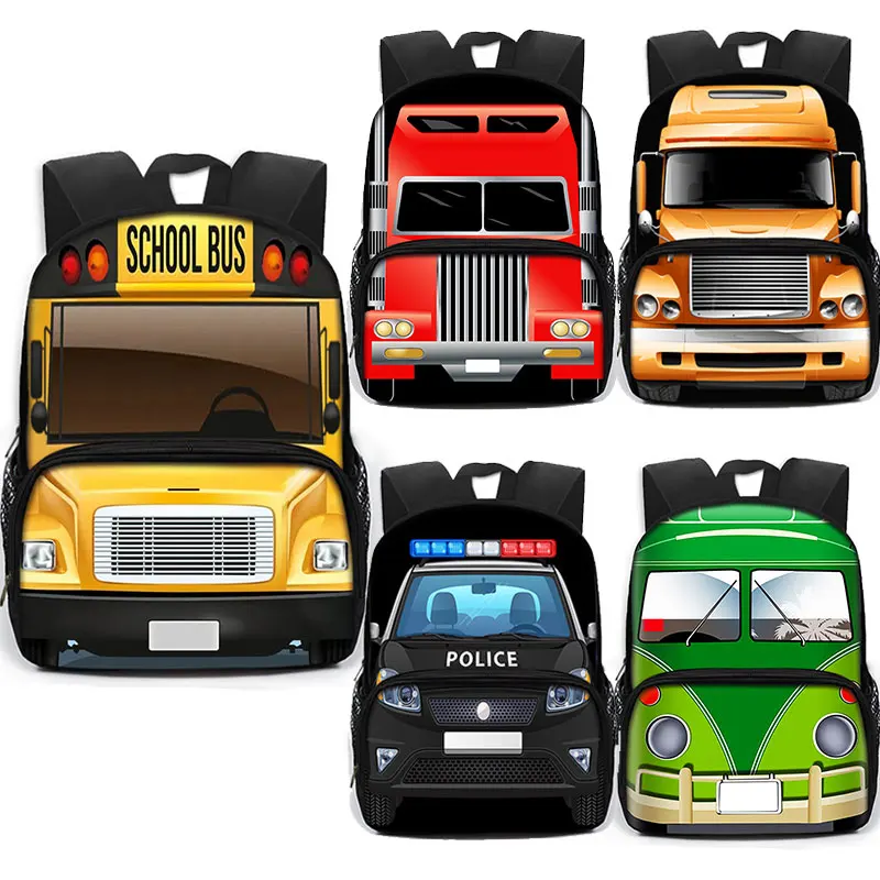 Cartoon Police Car School Bus Print Backpack for Teenagers Excavator Truck Children Daypack Kindergarten Bags Student Book Bag