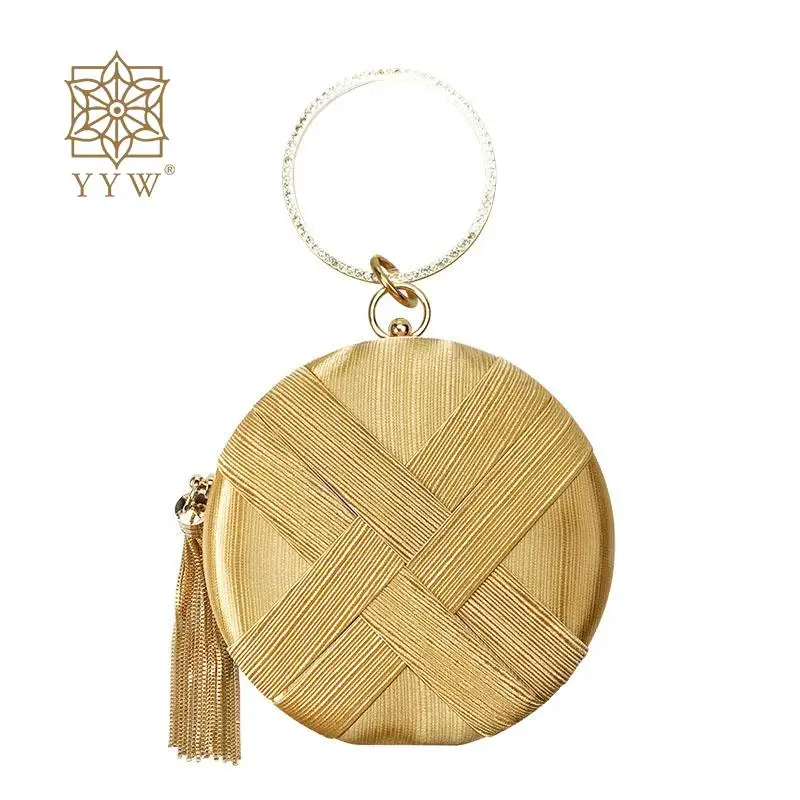 

Oblate Shape Evening Women Handbags Tassel Plait Trendy Ladies Clutch Round Rhinestone Fashion Wedding Gold Purse Mini Bags 2023