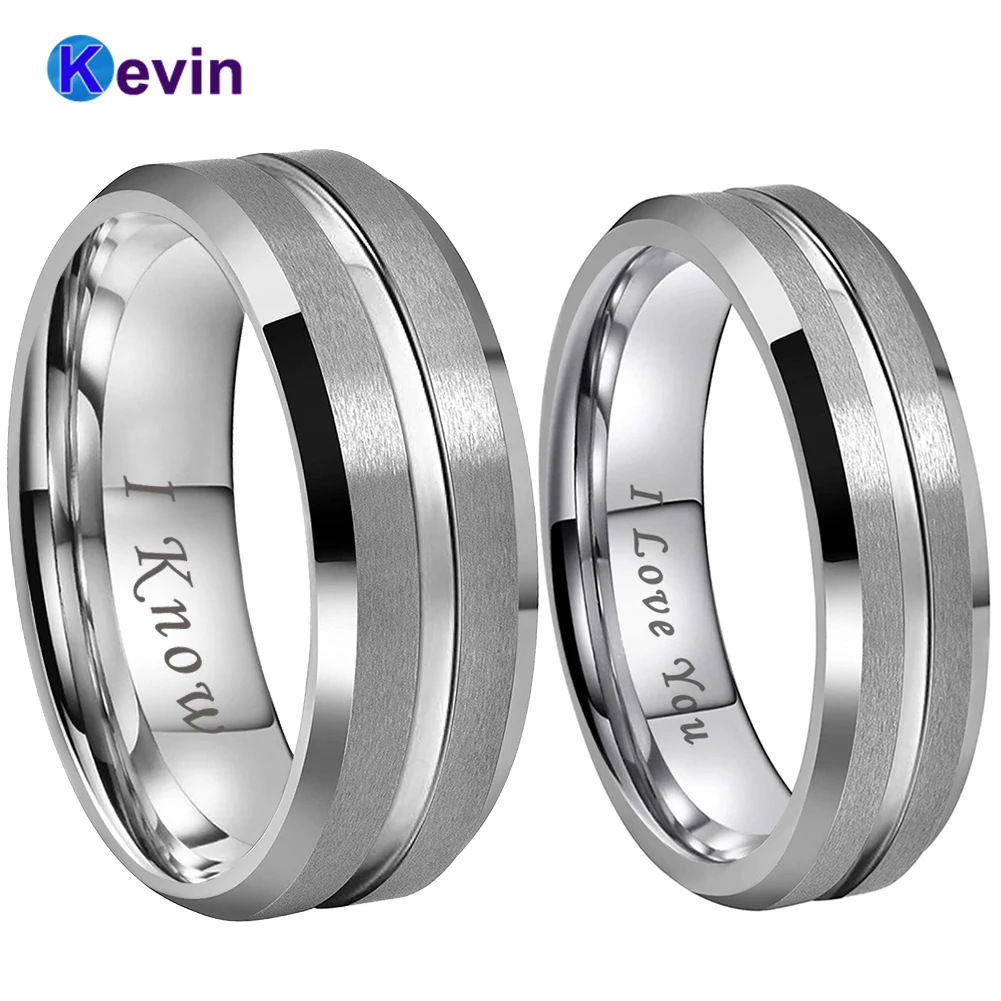 

6MM 8MM Tungsten Couple Ring Classic Wedding Band For Men Women I Love You I Know Engraved Grooved Beveled Brushed Comfort Fit