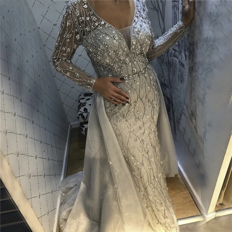 

Sharon Said Luxury Dubai Silver Arabic Evening Dress Overskirt Long Sleeves Muslim Formal Party Gowns for Women Wedding SS043