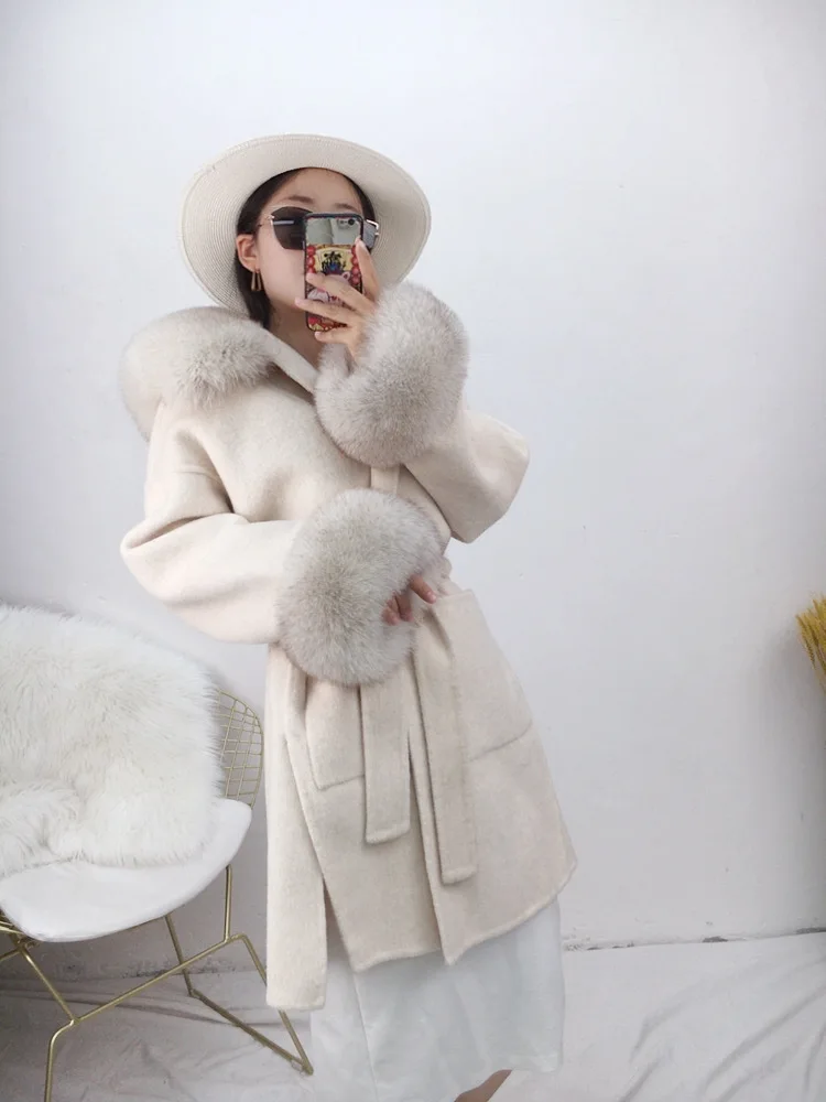 FURYOUME Winter Jacket Women Cashmere Wool Blends Real Fur Coat Natural Fox Fur Trim Hood Streetwear With Belt Outerwear enlarge