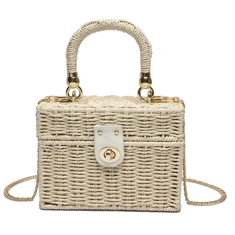 

Designer Rattan Straw Chain Shoulder Bags Women Hand-Woven Messenger Bag Summer Beach Square Handbags 2022 Small Female Tote Sac