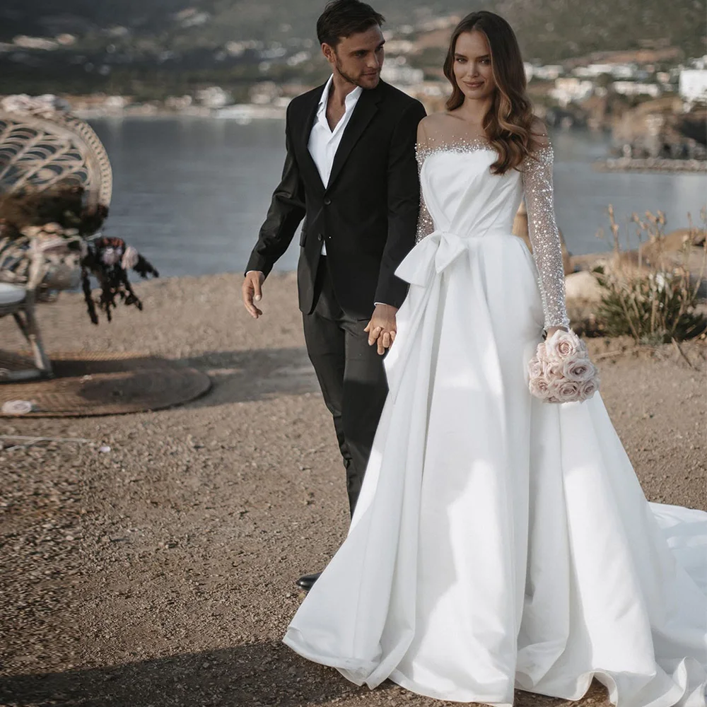 

A-Line Wedding Dresses 2022 Long Sleeves O-Neck Zipper Bridal Gowns Simple Satin Pearls Bow Elegant Vestido De Noiva Custom Made