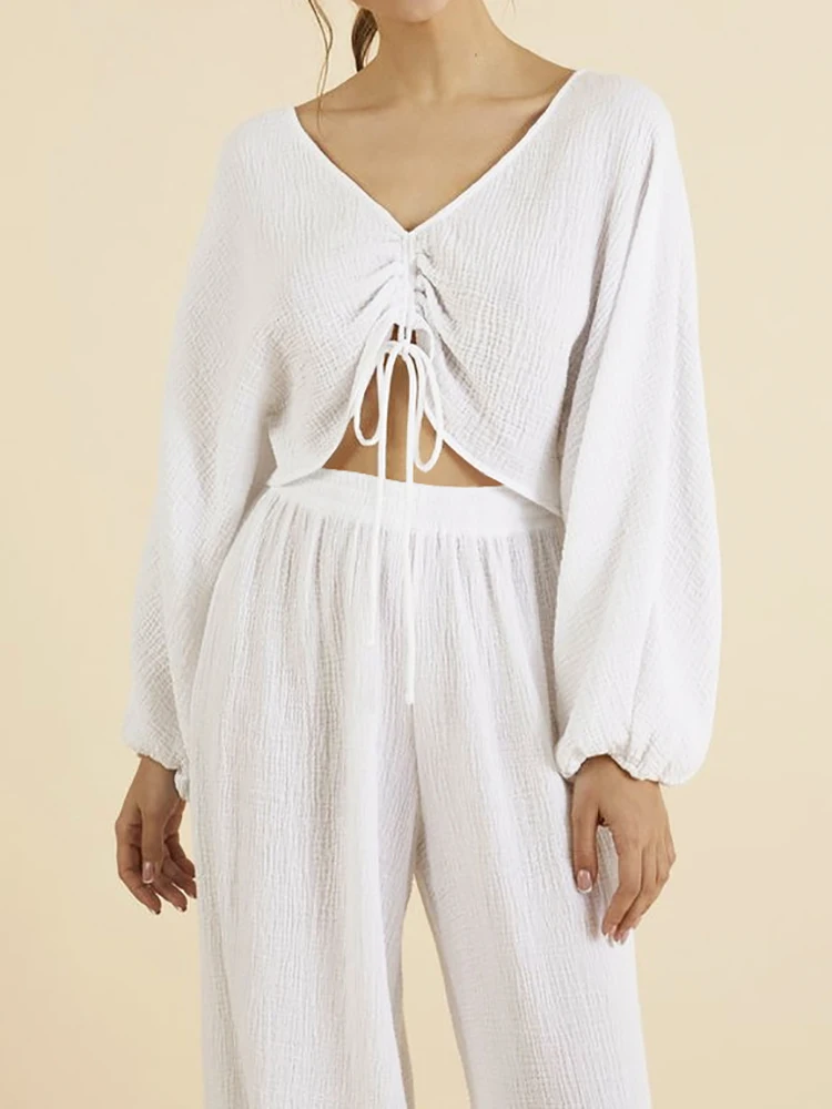 

Linad Свободная Женская ночная рубашка, комплект из 2 предметов, пижама с длинным рукавом и V-образным вырезом на шнуровке, женские брючные кост...