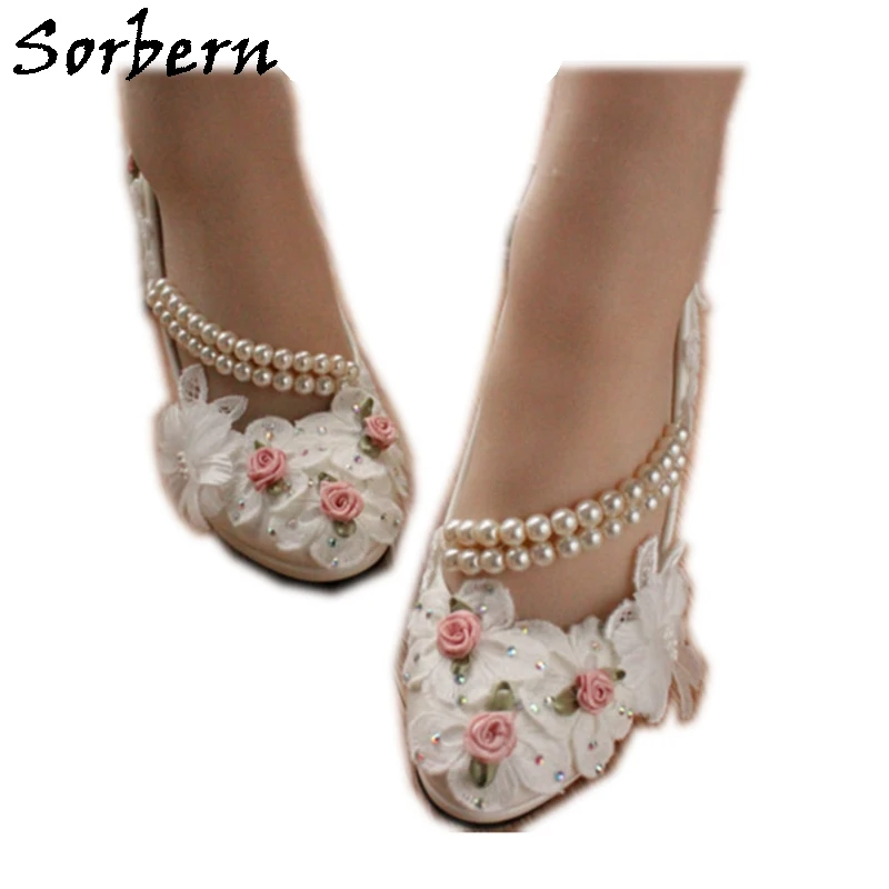 

Sorbern White Flowers Kitten Heels Wedding Shoes Cute Rose Flower Shoes For Bride Platform 8Cm/5Cm/3Cm Shoes Woman Heels