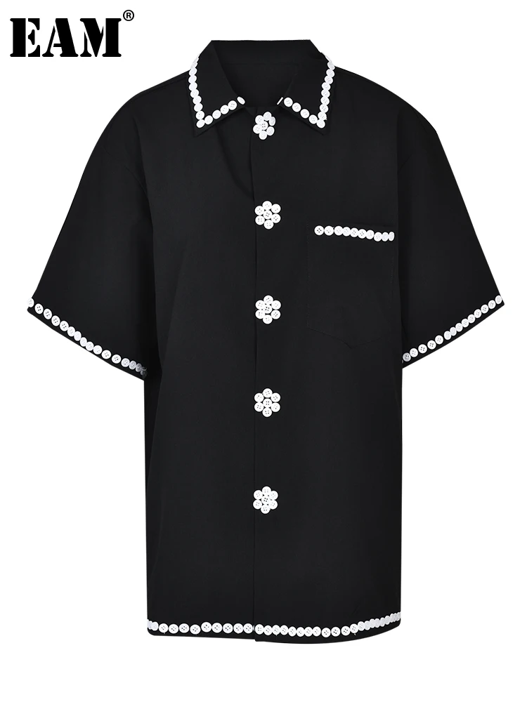 

[EAM] Women Black Button Big Size Elegant Blouse New Lapel Short Sleeve Loose Fit Shirt Fashion Tide Spring Summer 2023 1DF8592