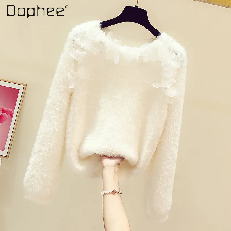 

New Winter Heavy Industry Beads Sweater Three-Dimensional Flower Sweet Imitation Mink Loose All-Match White Sweater for Women