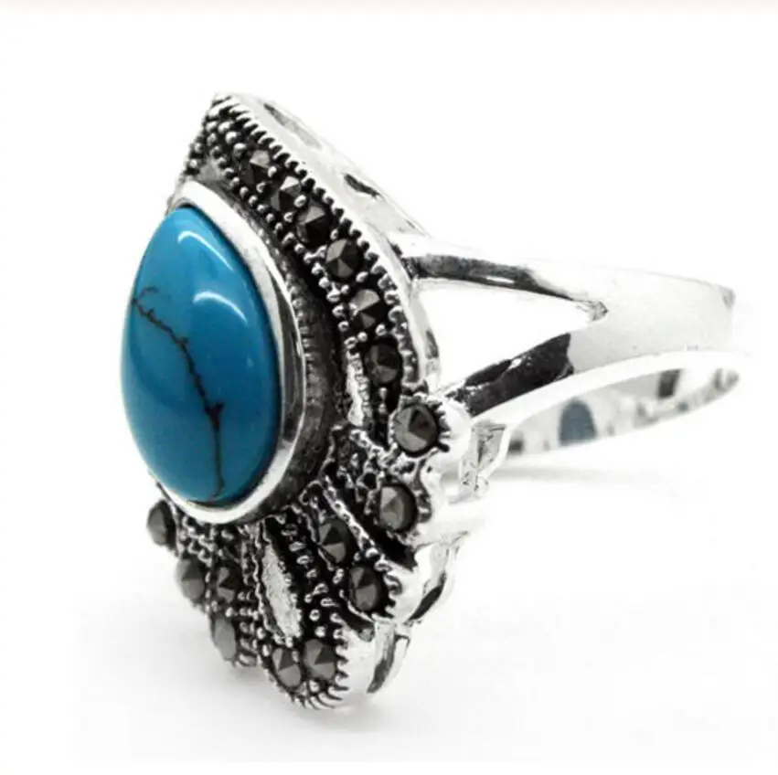 

25*20mm fancy design BLUE Natural Turquoise MARCASITE 925 STERLING SILVER RING SIZE 7/8/9/10