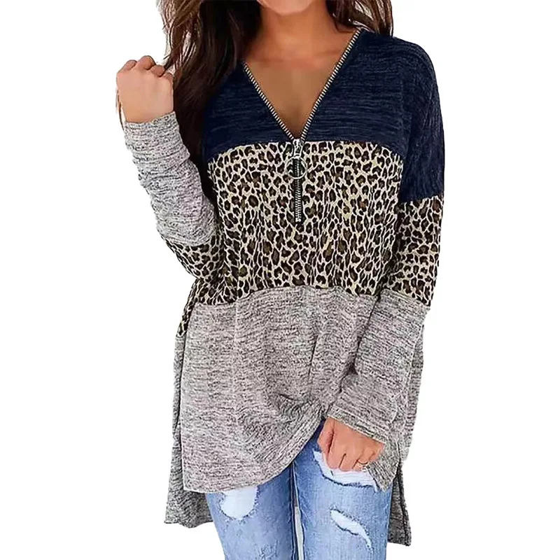 

Women's Autumn Winter T-Shirt Long Sleeve Zipper Leopard Printed Shirts Female Fashion Loose Oversized Tops