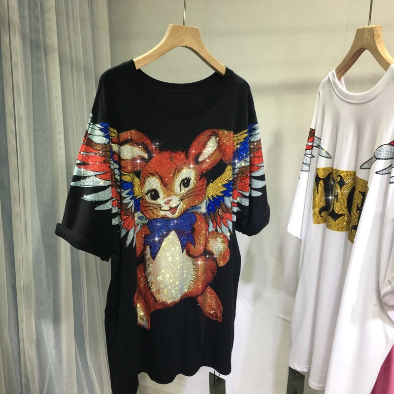 Luxury Blingbling Hot Drilling Bunny Wings Loose T-shirt Mid-long Oversize Top All-match Round Neck Short Sleeve Cotton Tees
