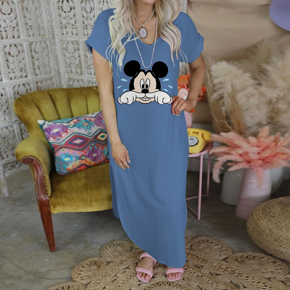 Minnie Mouse Party Dresses for Women 2022 Elegant Casual Women's Dresses Disney Mickey Maxi Dress Robe Print V-Neck Fashion Sexy
