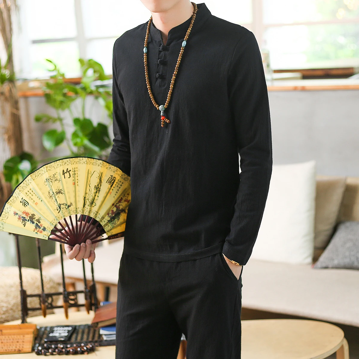 Chinese Linen Men's Sports Two Piece Party Suit Street Fashion Long Sleeve Trousers 2022 Beachwear Men's Suit