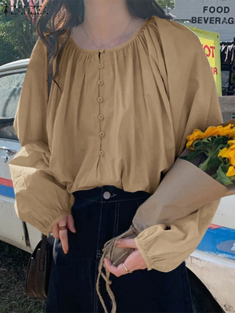

2022 Women Casual Long Sleeve Solid Blouse ZANZEA Vintage O Neck Holiday Chemise Office Work Shirt Button Tunic Tops Femininas