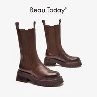 BeauToday Chelsea Boots Women Genuine Horse Leather Platform Round Toe Mid-Calf Length Autumn Ladies Shoes Handmade 02392