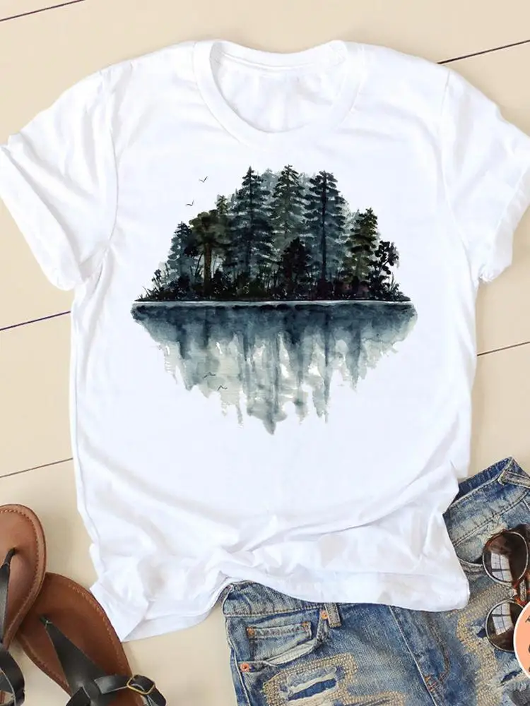 

Short Sleeve Ladies Watercolor Forest 90s Trend Summer Graphic Tee T-shirts Casual Clothing Women Fashion Female T Print Clothes
