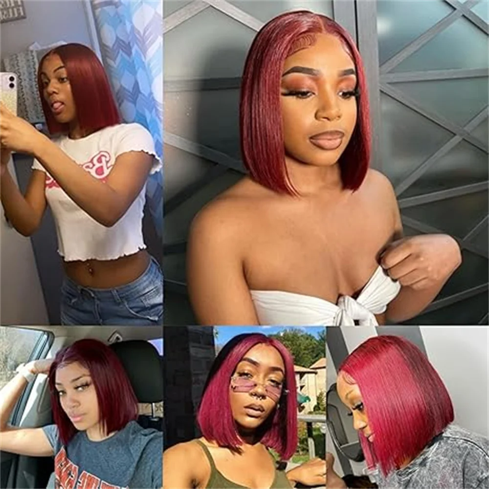 99J Бордовый Короткий Боб Парик Человеческих Волос 13x4 Фронта Шнурка Бразильские